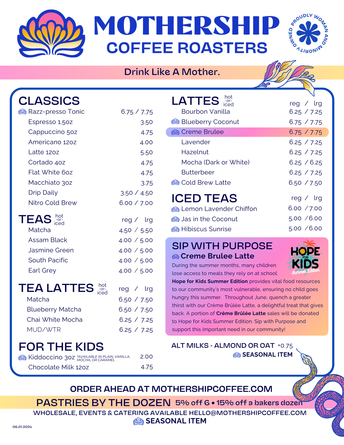 Menu Mothership Coffee Roasters